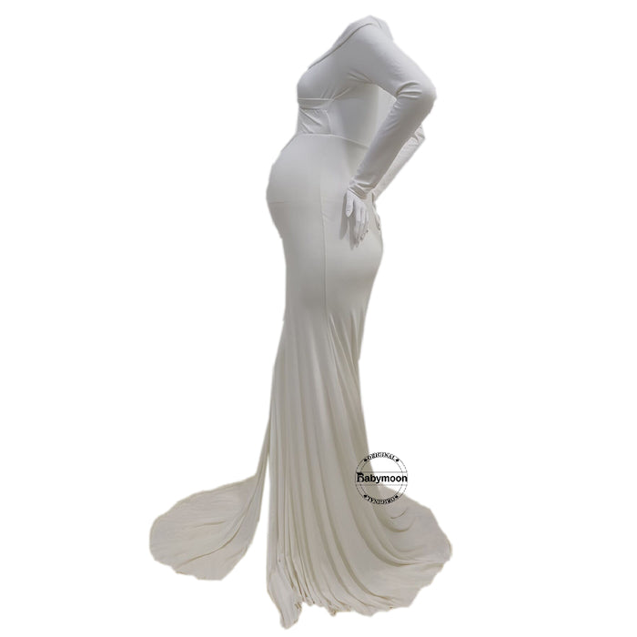 Babymoon Off Shoulder Full Sleeve Maternity Gown Dress - White