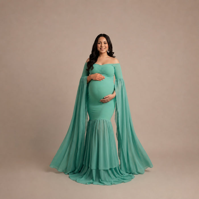 Babymoon Off Shoulder Long Tail Maternity Gown Dress - Green