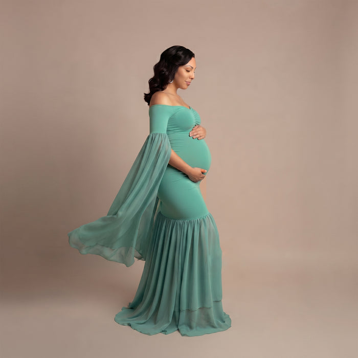 Babymoon Off Shoulder Long Tail Maternity Gown Dress - Green