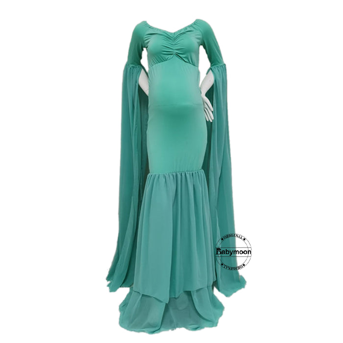 Babymoon Off Shoulder Long Tail Maternity Gown Dress - Green