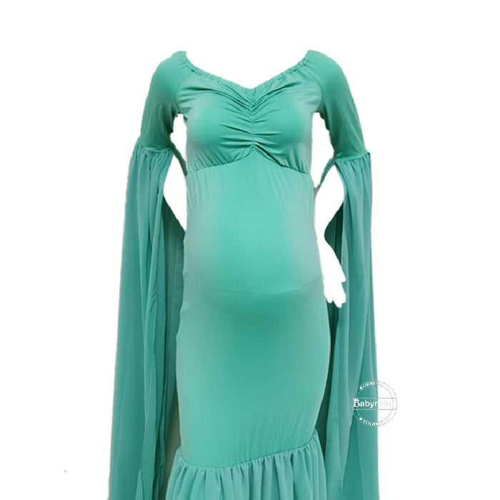 Babymoon Off Shoulder Long Tail Maternity Gown Dress - Green