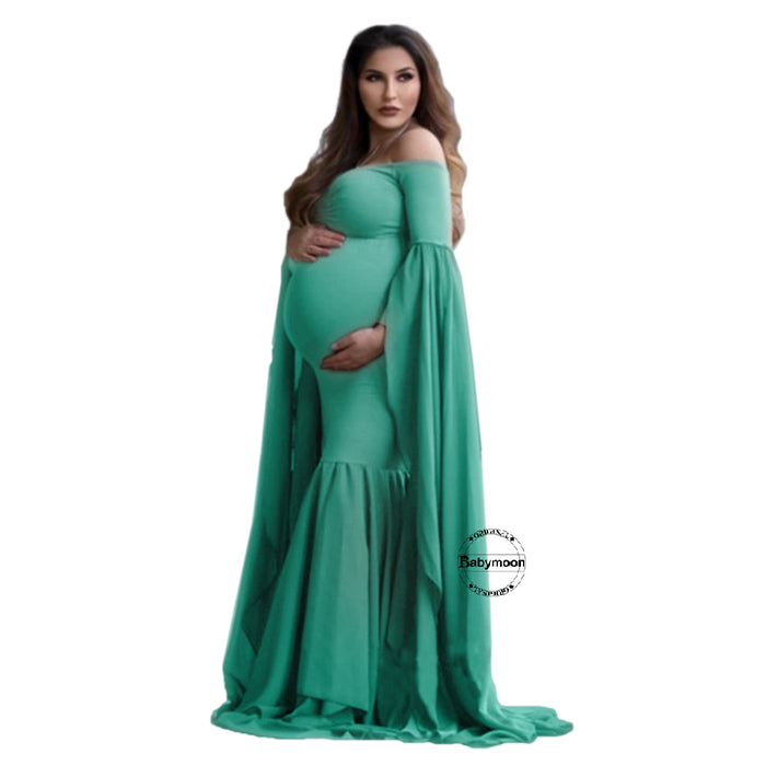 Babymoon Off Shoulder Long Tail Maternity Gown Dress - Green