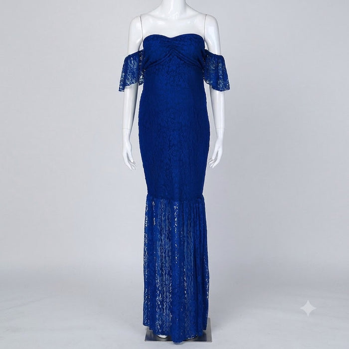 Babymoon Off Shoulder Maternity Gown Dress - Blue