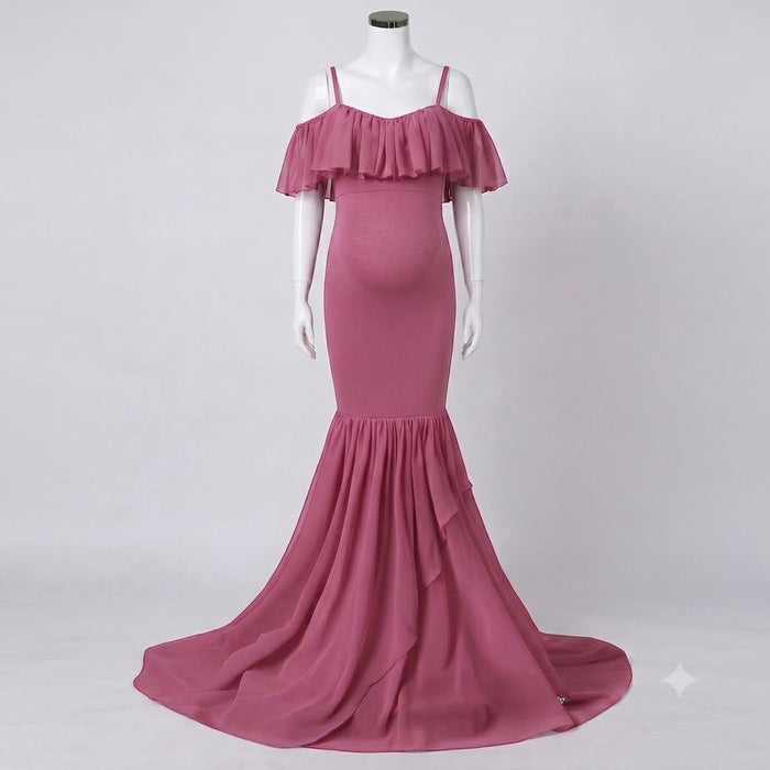 Babymoon Off Shoulder Maternity Gown Dress - Dark Pink
