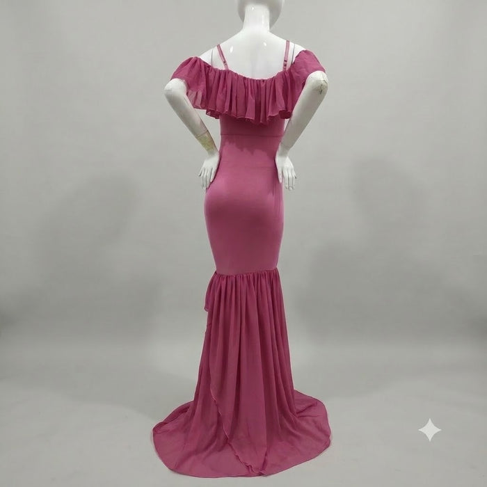 Babymoon Off Shoulder Maternity Gown Dress - Dark Pink