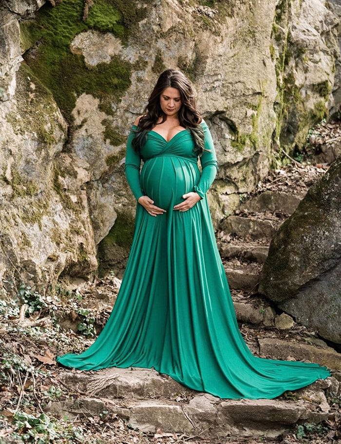 Babymoon Off Shoulder Maternity Gown Dress - Green