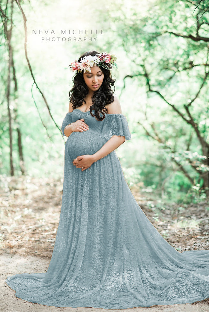 Babymoon Off Shoulder Maternity Gown Dress - Light Blue