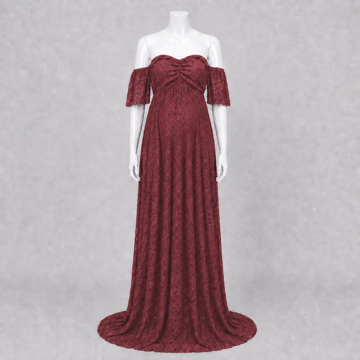 Babymoon Off Shoulder Maternity Gown Dress - Maroon