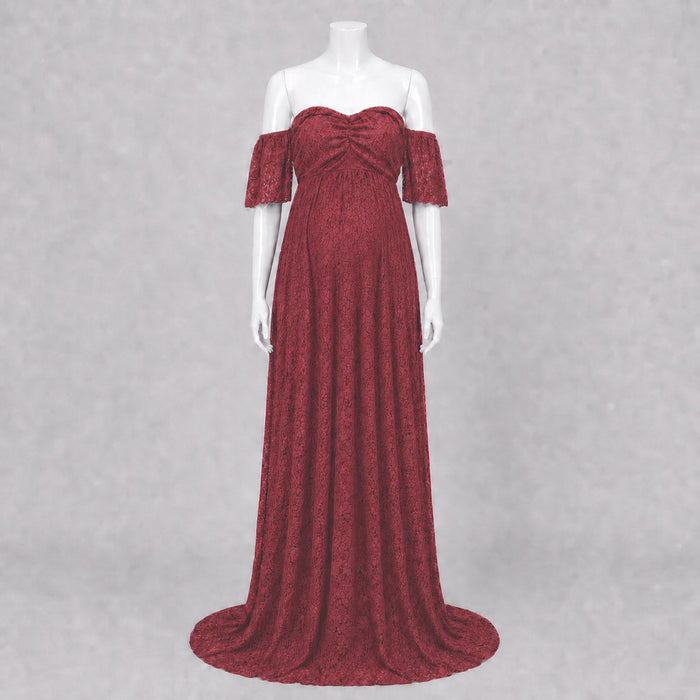 Babymoon Off Shoulder Maternity Gown Dress - Maroon