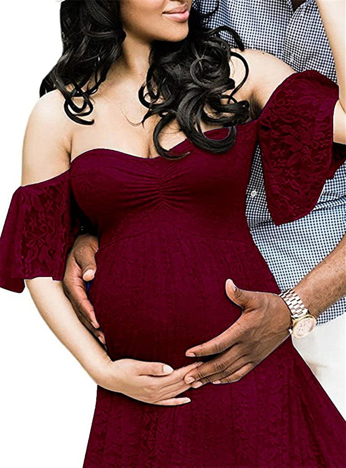 Babymoon Off Shoulder Maternity Gown Dress - Maroon
