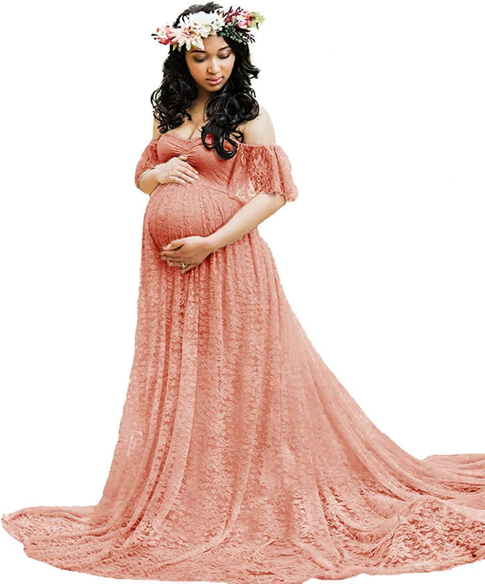Babymoon Off Shoulder Maternity Gown Dress - Peach