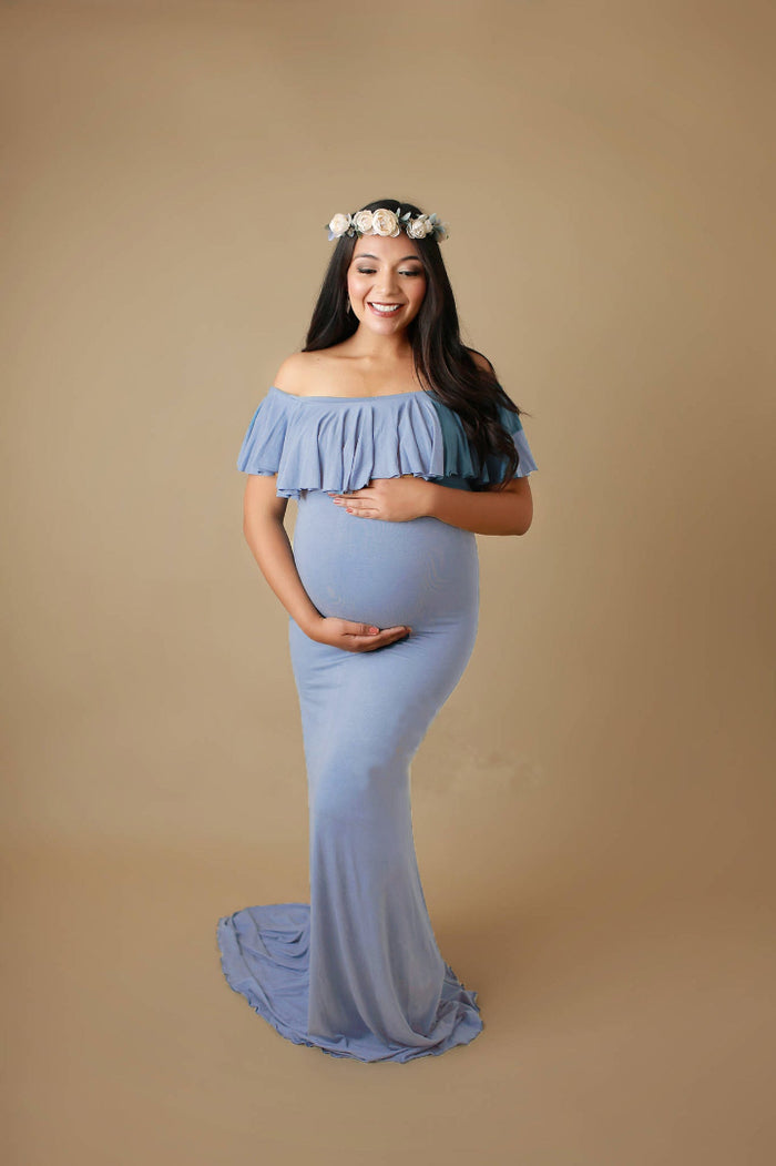 Babymoon Off Shoulder Ruffle Neck Stretchable Maternity Gown Dress | Blue