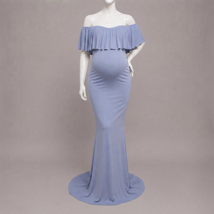 Babymoon Off Shoulder Ruffle Neck Stretchable Maternity Gown Dress | Blue