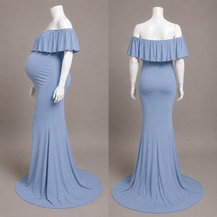 Babymoon Off Shoulder Ruffle Neck Stretchable Maternity Gown Dress | Blue