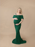 Babymoon Off Shoulder Ruffle Neck Stretchable Maternity Gown Dress | Green
