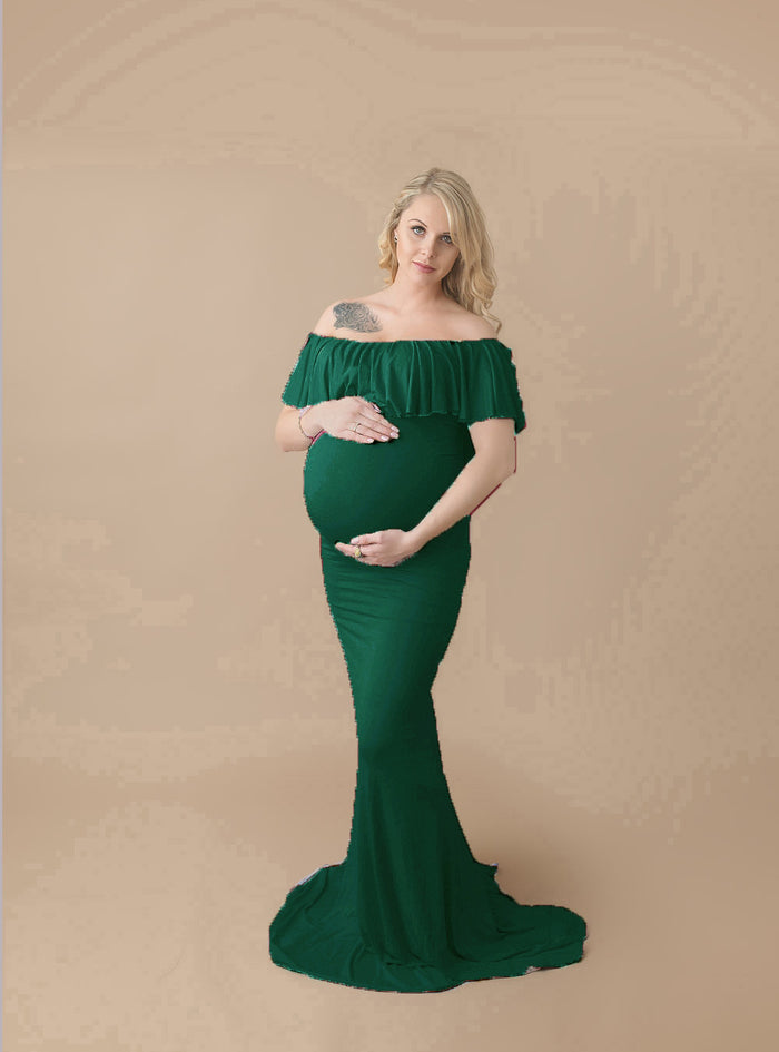 Babymoon Off Shoulder Ruffle Neck Stretchable Maternity Gown Dress | Green