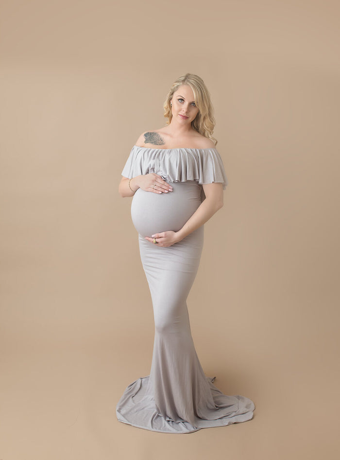 Babymoon Off Shoulder Ruffle Neck Stretchable Maternity Gown Dress | Grey