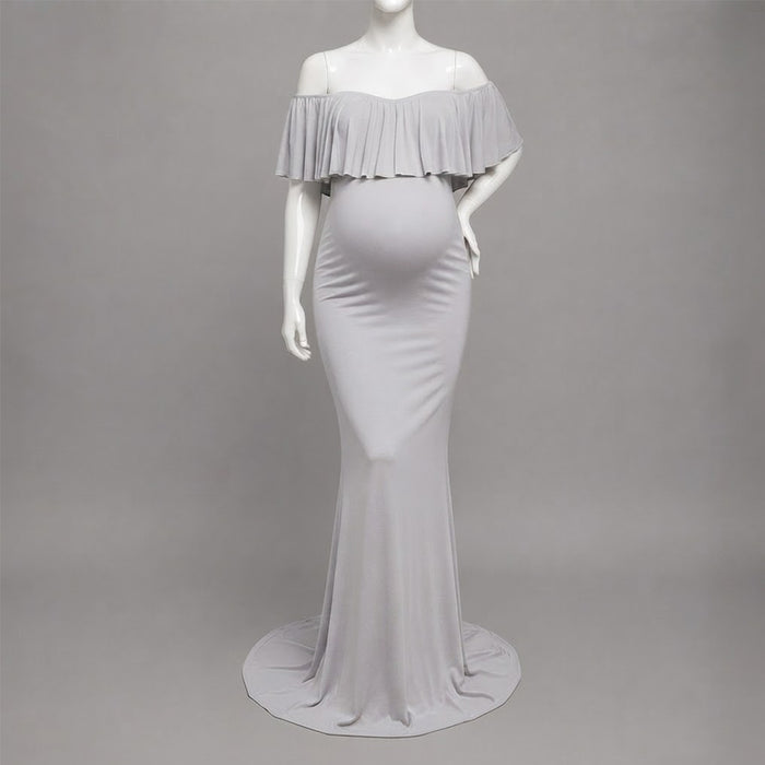 Babymoon Off Shoulder Ruffle Neck Stretchable Maternity Gown Dress | Grey