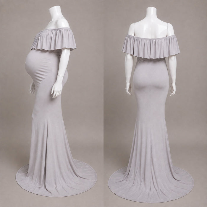 Babymoon Off Shoulder Ruffle Neck Stretchable Maternity Gown Dress | Grey