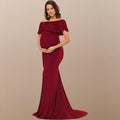 Babymoon Off Shoulder Ruffle Neck Stretchable Maternity Gown Dress | Maroon
