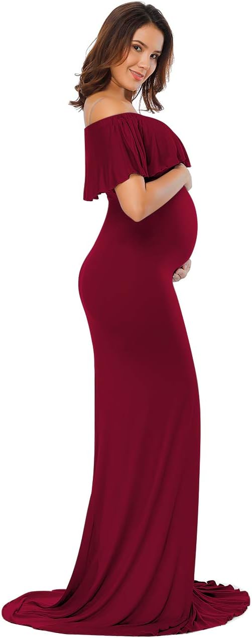 Babymoon Off Shoulder Ruffle Neck Stretchable Maternity Gown Dress | Maroon