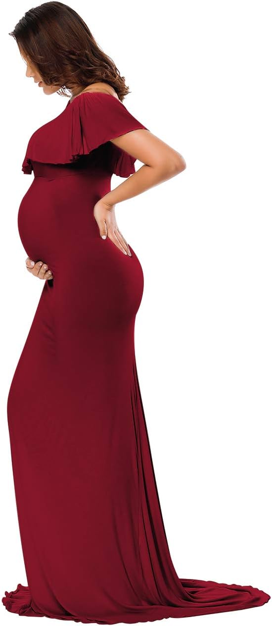 Babymoon Off Shoulder Ruffle Neck Stretchable Maternity Gown Dress | Maroon