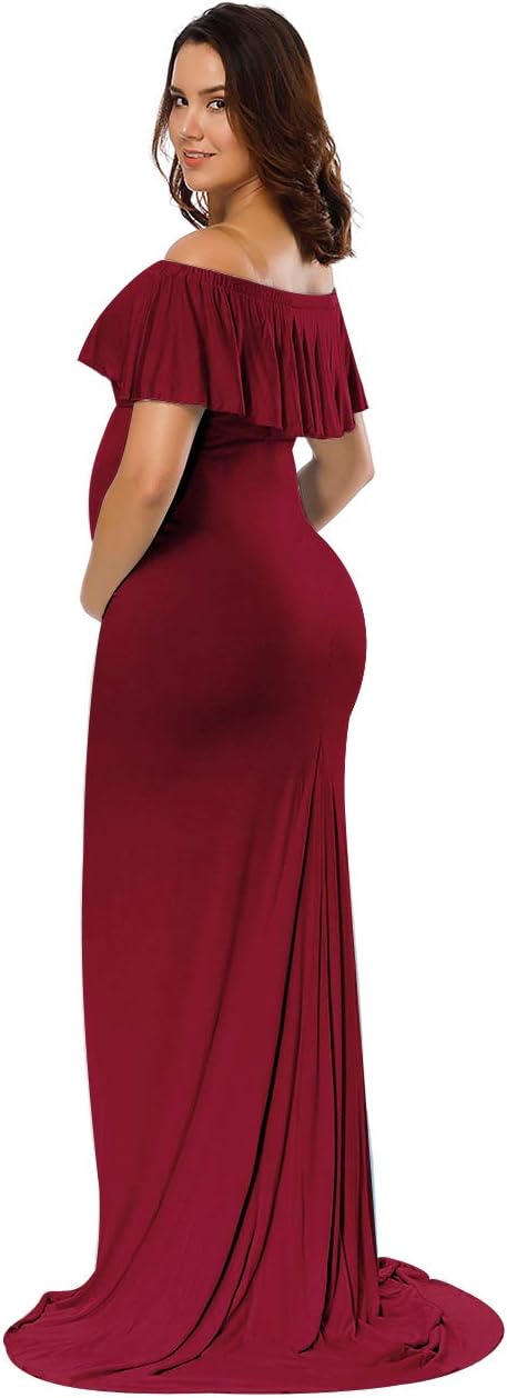 Babymoon Off Shoulder Ruffle Neck Stretchable Maternity Gown Dress | Maroon