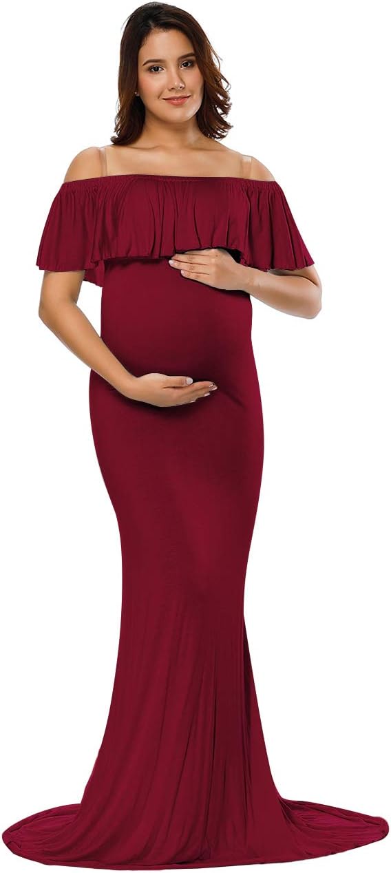 Babymoon Off Shoulder Ruffle Neck Stretchable Maternity Gown Dress | Maroon