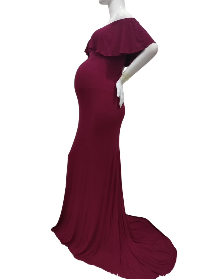 Babymoon Off Shoulder Ruffle Neck Stretchable Maternity Gown Dress | Maroon