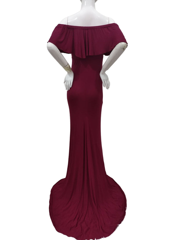Babymoon Off Shoulder Ruffle Neck Stretchable Maternity Gown Dress | Maroon