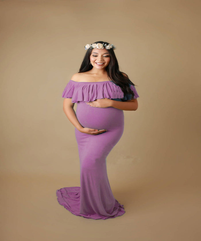 Babymoon Off Shoulder Ruffle Neck Stretchable Maternity Gown Dress | Purple