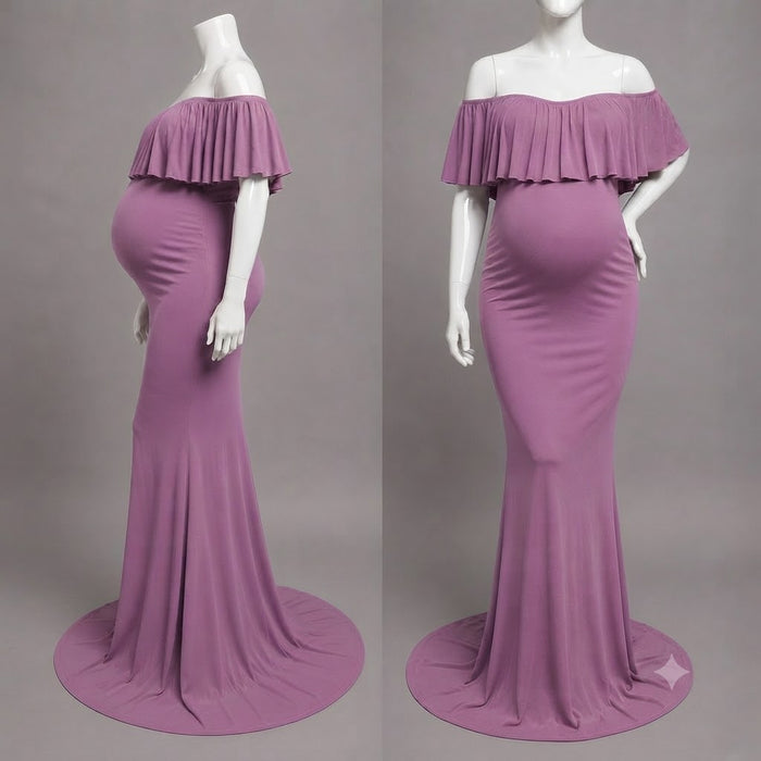 Babymoon Off Shoulder Ruffle Neck Stretchable Maternity Gown Dress | Purple