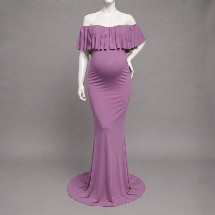 Babymoon Off Shoulder Ruffle Neck Stretchable Maternity Gown Dress | Purple