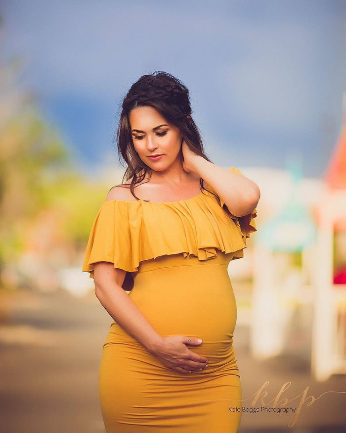 Babymoon Off Shoulder Ruffle Neck Stretchable Maternity Gown Dress | Yellow