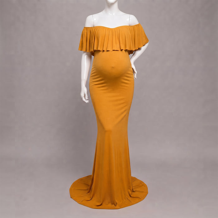 Babymoon Off Shoulder Ruffle Neck Stretchable Maternity Gown Dress | Yellow