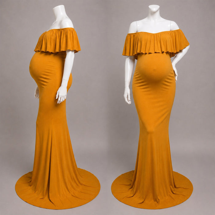 Babymoon Off Shoulder Ruffle Neck Stretchable Maternity Gown Dress | Yellow