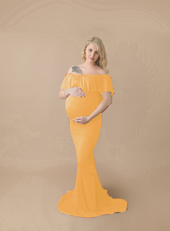 Babymoon Off Shoulder Ruffle Neck Stretchable Maternity Gown Dress | Yellow