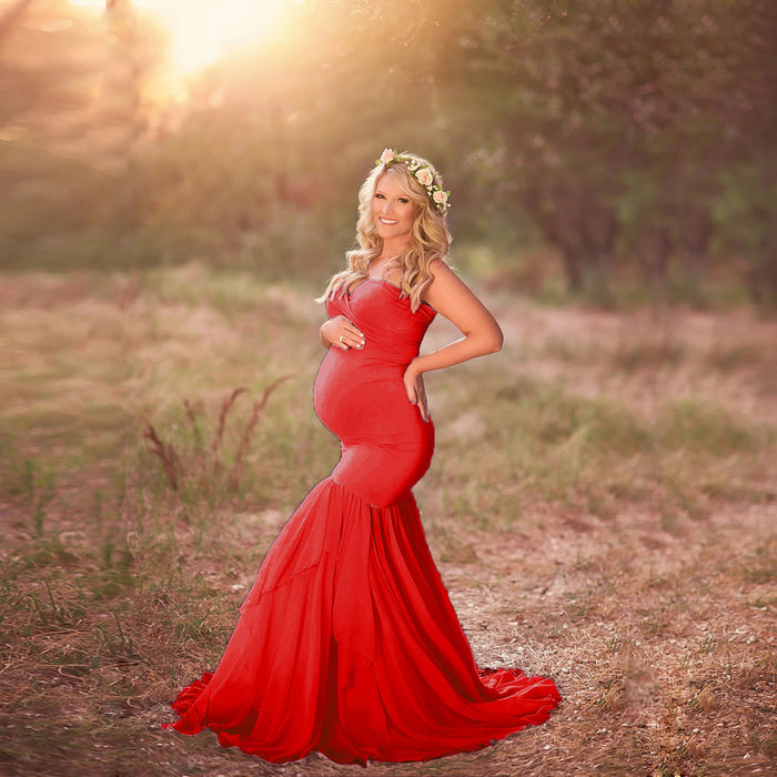 Babymoon Off Shoulder Stretchable Maternity Gown Dress | Red