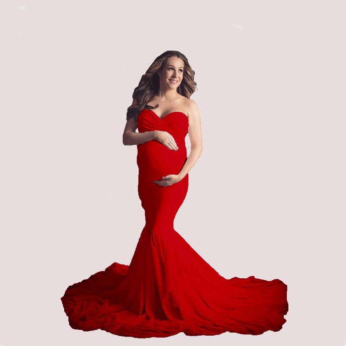 Babymoon Off Shoulder Stretchable Maternity Gown Dress | Red