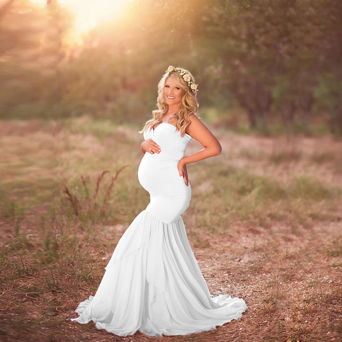Babymoon Off Shoulder Stretchable Maternity Gown Dress | White