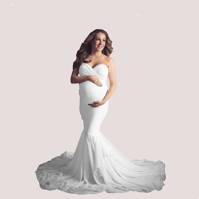 Babymoon Off Shoulder Stretchable Maternity Gown Dress | White