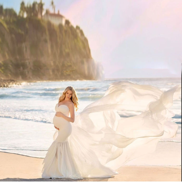Babymoon Off Shoulder Stretchable Maternity Gown Dress | White