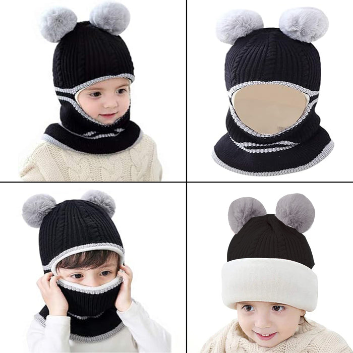 Babymoon Pom-Pom Knit Winter Kids Boys Girls Monkey Cap Baby Hat | Black | 2-8 yr