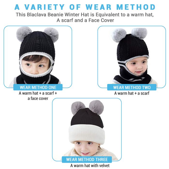 Babymoon Pom-Pom Knit Winter Kids Boys Girls Monkey Cap Baby Hat | Black | 2-8 yr