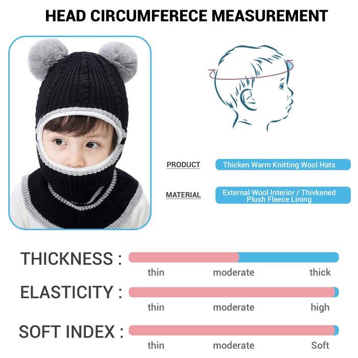Babymoon Pom-Pom Knit Winter Kids Boys Girls Monkey Cap Baby Hat | Black | 2-8 yr