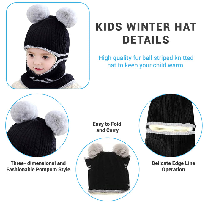 Babymoon Pom-Pom Knit Winter Kids Boys Girls Monkey Cap Baby Hat | Black | 2-8 yr