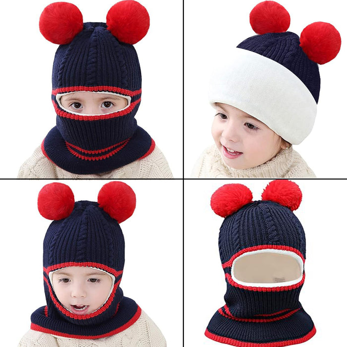Babymoon Pom-Pom Knit Winter Kids Boys Girls Monkey Cap Baby Hat | Navy Blue | 2-8 yr