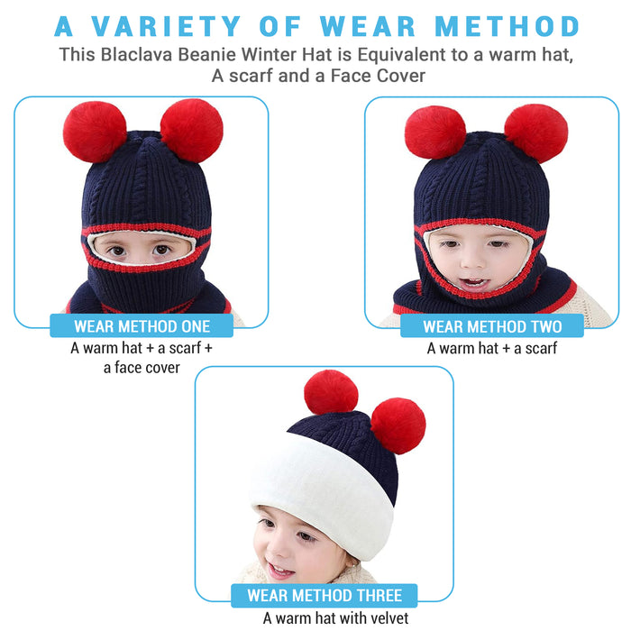 Babymoon Pom-Pom Knit Winter Kids Boys Girls Monkey Cap Baby Hat | Navy Blue | 2-8 yr