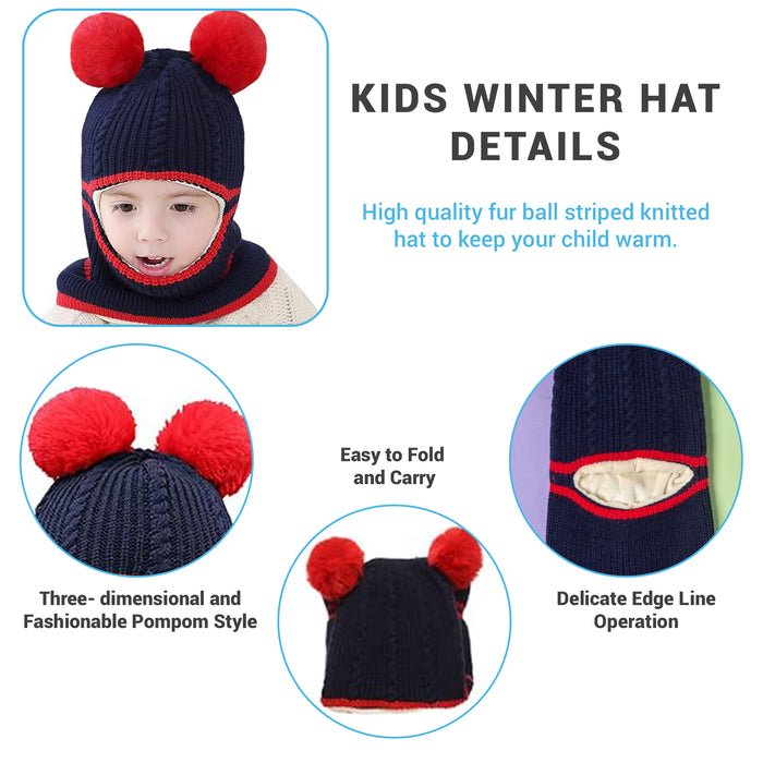 Babymoon Pom-Pom Knit Winter Kids Boys Girls Monkey Cap Baby Hat | Navy Blue | 2-8 yr