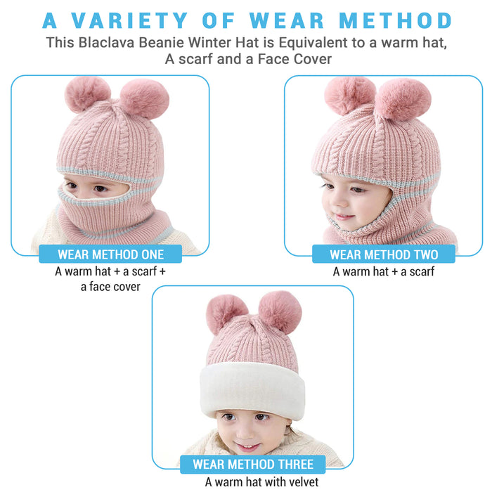 Babymoon Pom-Pom Knit Winter Kids Boys Girls Monkey Cap Baby Hat | Pink | 2-8 yr